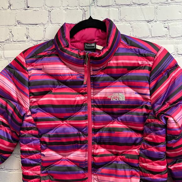 The North Face Girls 550 Down Puffer Coat Size Large 14/16 Pink Purple Stripes - Picture 2 of 12